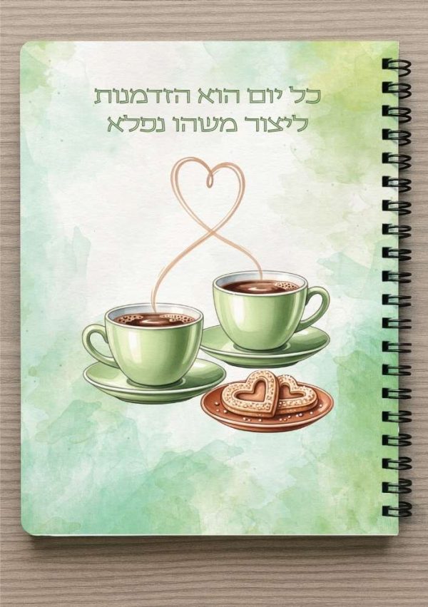 מחברת A5 - כל יום הוא הזדמנות ליצור משהו נפלא - ספלי קפה מחוברים בלב -כולל סימניה