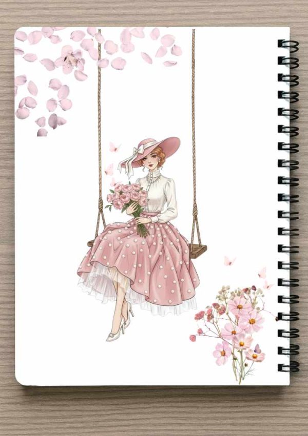 מחברת ספירלה A5 - אישה יושבת בנדנדה ואוחזת בזר פרחים