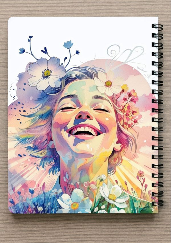 מחברת A4 - נערה שמחה מוקפת פרחים צבעוניים
