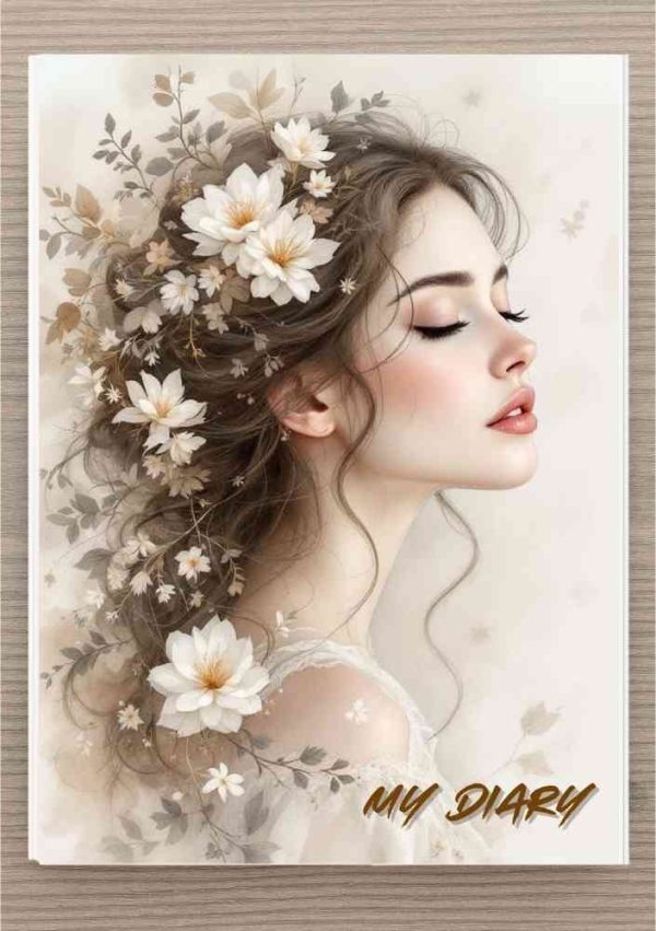 מחברת יומן A5 - אישה מעוטרת פרחים בסגנון נוסטלגי