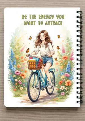 מחברת ספירלה A5 וסימניה תואמת - "Be the energy you want to attract" - נערה רוכבת על אופניים