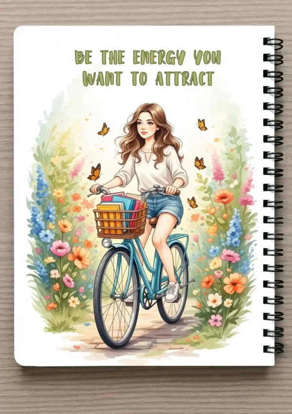 מחברת ספירלה A5 וסימניה תואמת - "Be the energy you want to attract" - נערה רוכבת על אופניים