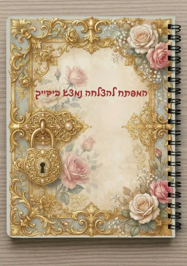 מחברת ספירלה A5 וסימניה תואמת - "המפתח להצלחה נמצא בידייך" איור של מחברת עם מסגרת ומנעול זהב